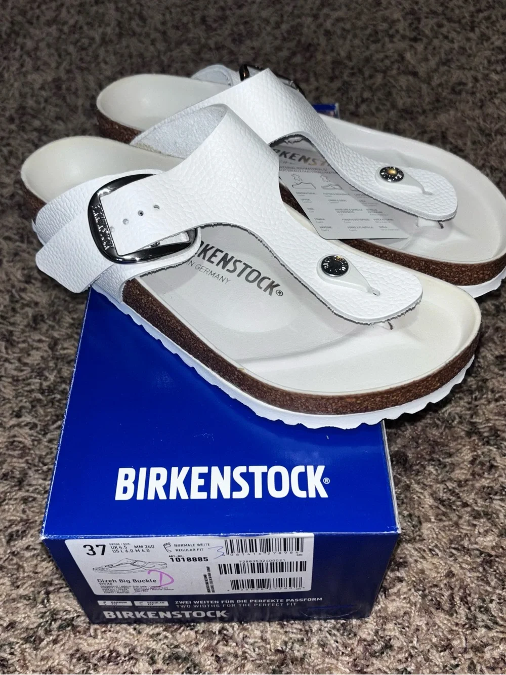 Birkenstock Womens Gizeh Big Buckle Sandals Size 37 6 White Leather Thong Slides